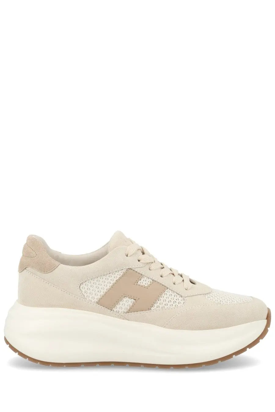 Beige suede and mesh hush puppies sneaker with chunky white sole in hogan women’s sneaker maxi active beige design