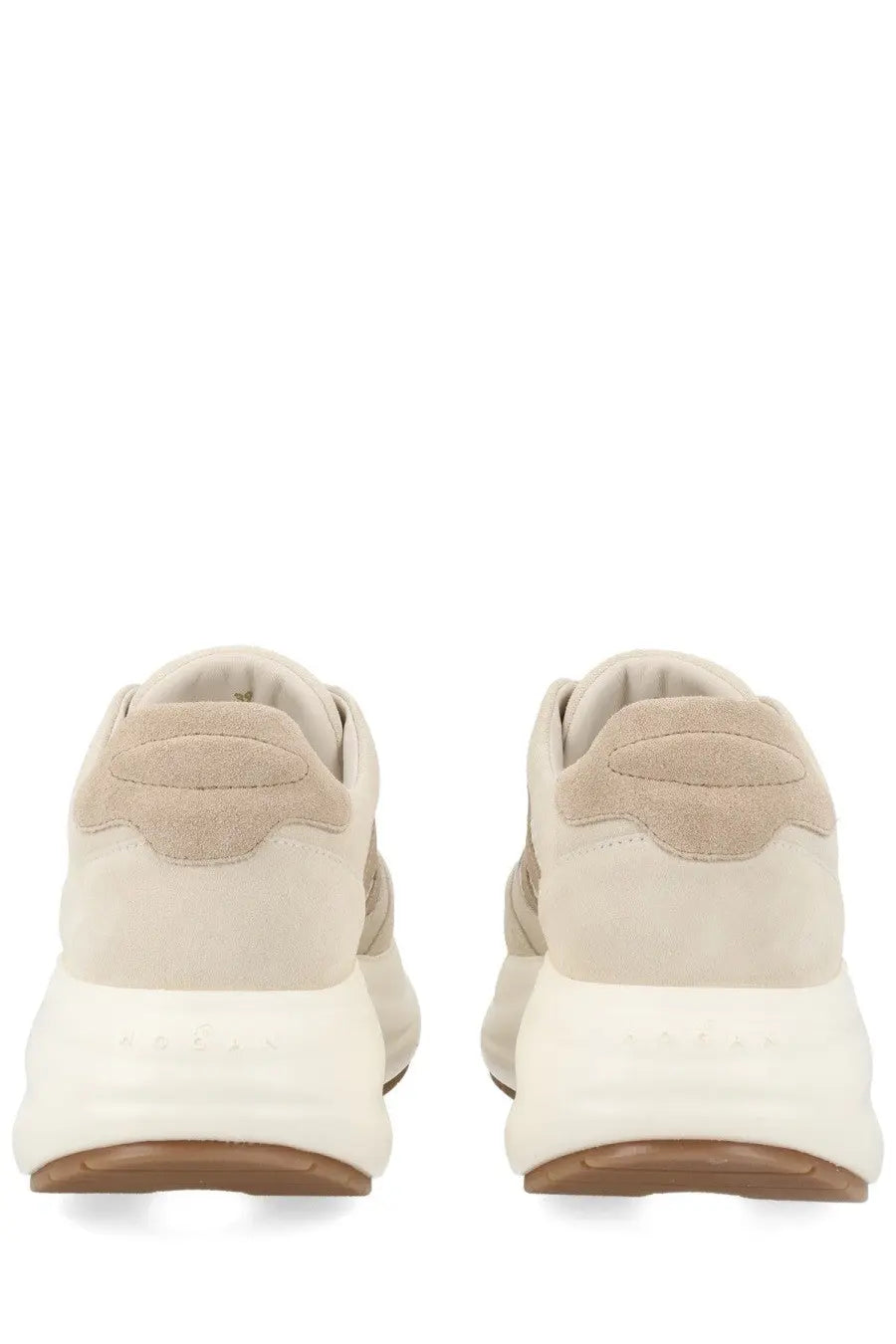 Hogan women’s sneaker maxi active beige featuring beige suede with chunky white rubber sole and brown outsole