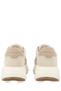 Hogan women’s sneaker maxi active beige featuring beige suede with chunky white rubber sole and brown outsole