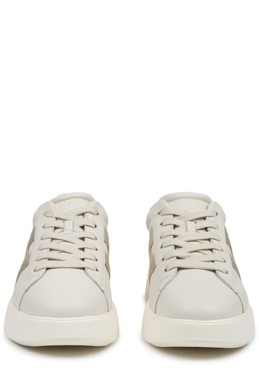 Hogan women’s sneaker rebel beige cream leather with subtle gray stripes and chunky white rubber sole