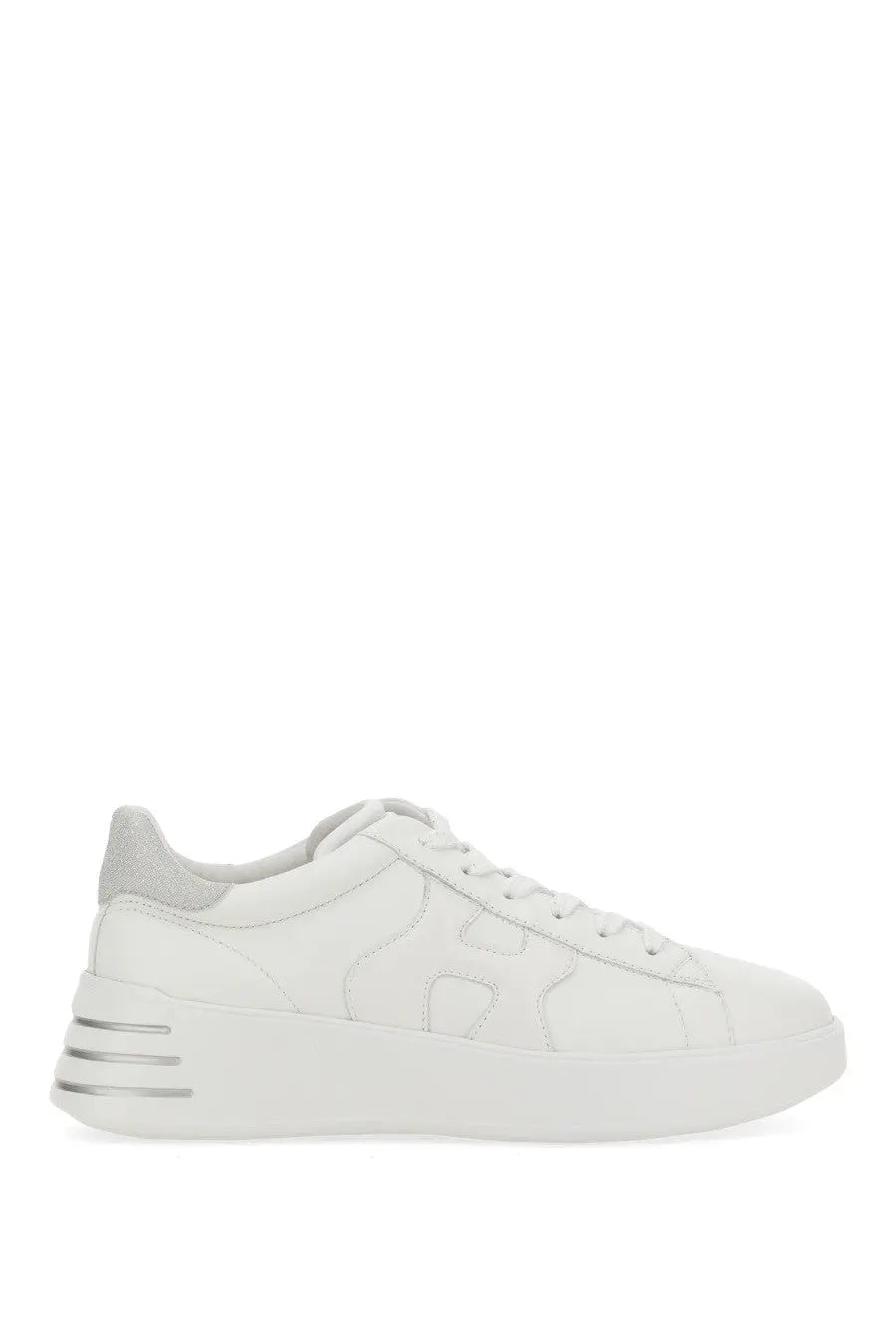 Back side of a white leather hogan women’s sneaker rebel multicolor with chunky sole and silver metallic heel stripes