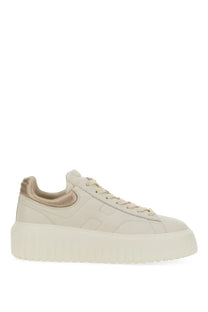Cream-colored hogan women’s sneaker stripes beige with suede-like upper and beige heel tab visible from the back side