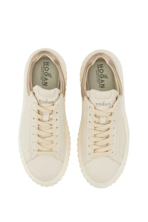 Cream-colored hogan women’s sneaker stripes beige with sleek minimalist design and subtle metallic heel tab accents