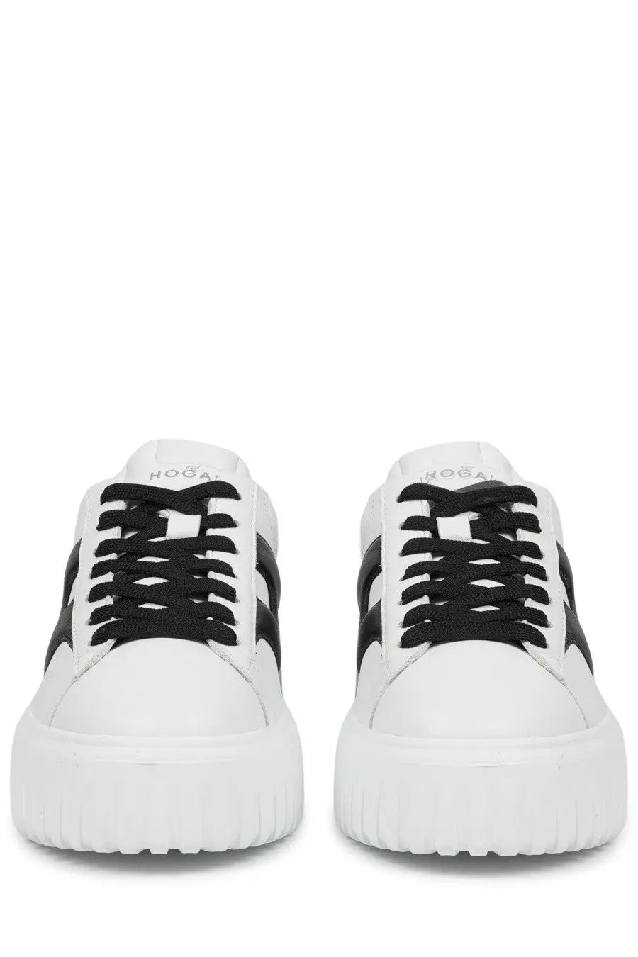 Hogan women’s sneaker stripes white with black laces bold black side stripes and chunky white rubber sole