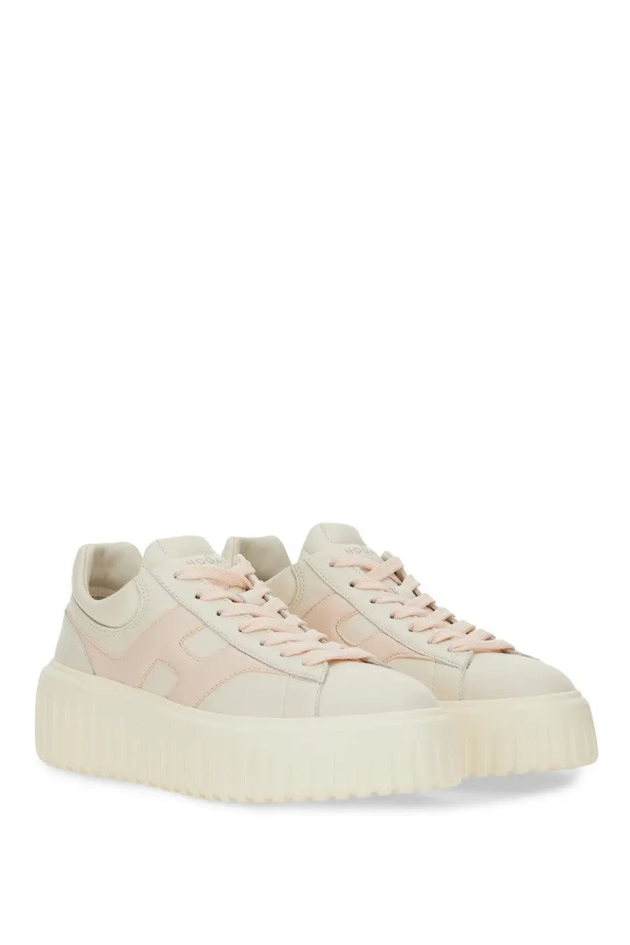 Hogan women’s stripe sneaker white cream and blush pink platform suede upper with chunky rubber sole