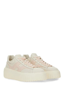 Hogan women’s stripe sneaker white cream and blush pink platform suede upper with chunky rubber sole
