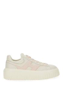 Hogan women’s stripe sneaker white cream platform sneaker with soft pink h logo in smooth leather and suede