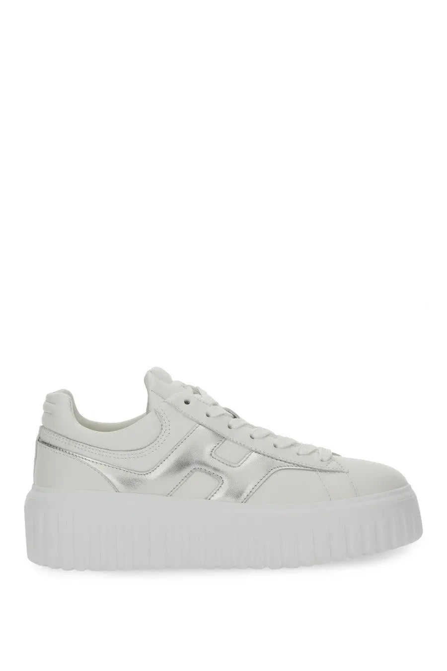 Hogan women’s stripe sneaker white with white leather upper silver metallic h logo and chunky white platform sole