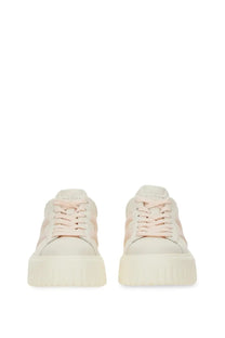 Hogan women’s stripe sneaker white in blush pink suede with matching laces and chunky white rubber platform sole