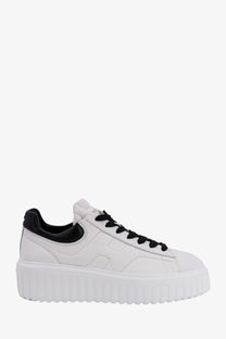 Hogan womens stripes white leather low-top sneaker with black laces heel tab and thick white platform sole