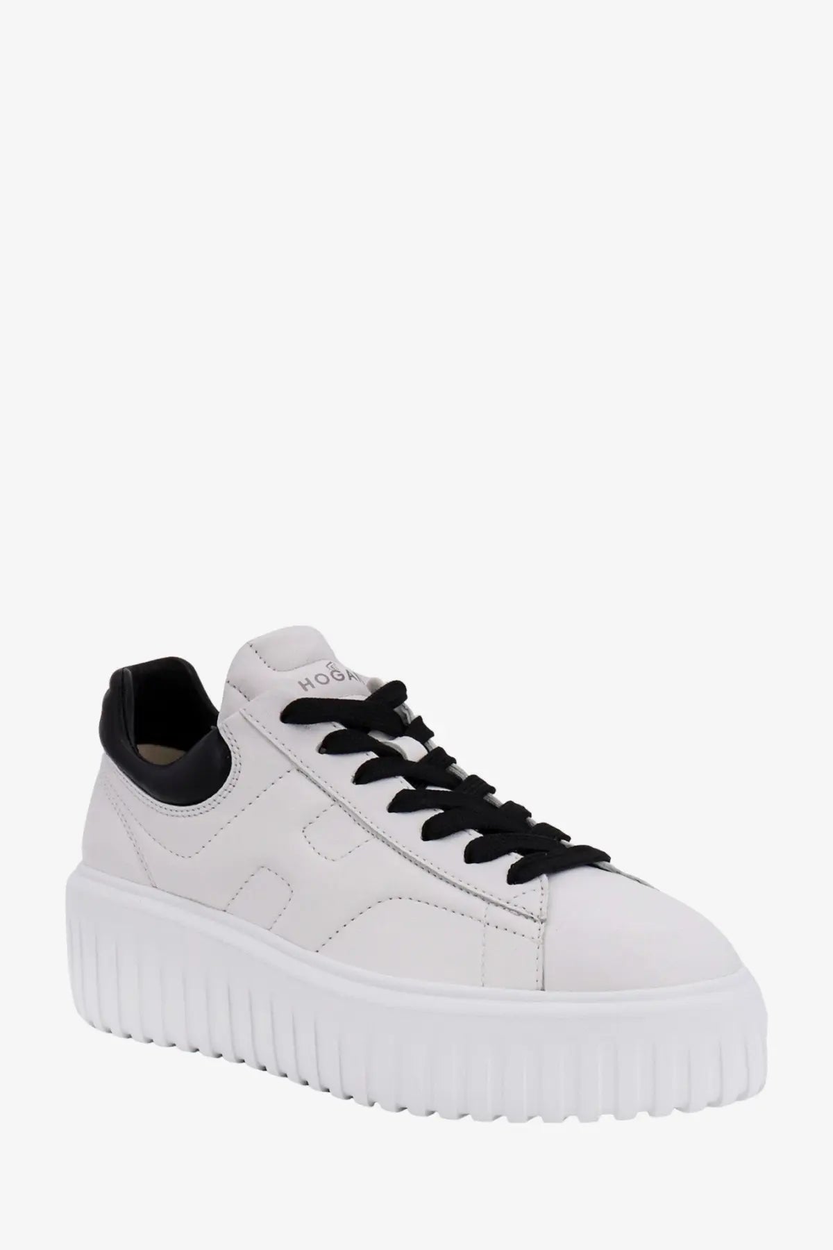Hogan women’s stripes leather sneakers white with white platform, black laces, black heel tab, and textured rubber sole