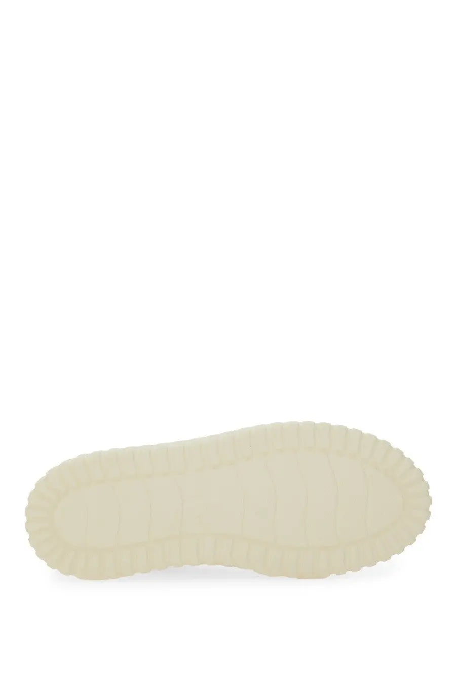 Cream-colored rubber sole with textured wavy edges on hogan women’s stripes sneaker white back side view
