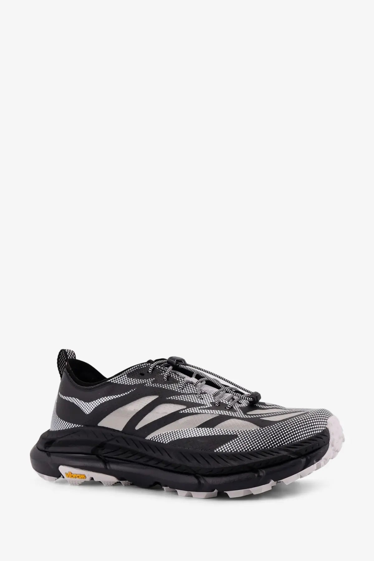 Hoka men’s Mafate Speed Lite TS black running shoe with textured mesh upper silver-gray patterns and Vibram rubber outsole