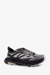 Hoka men’s Mafate Speed Lite TS black running shoe with textured mesh upper silver-gray patterns and Vibram rubber outsole