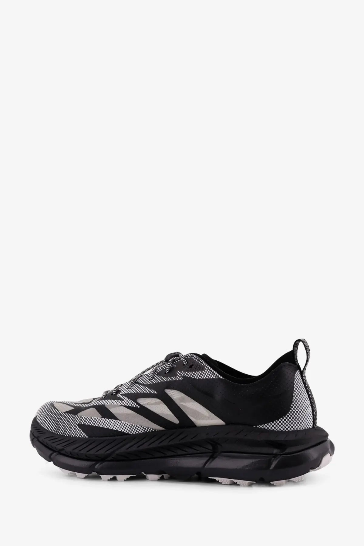 Hoka men’s Mafate Speed Lite TS sneakers in black with gray mesh upper bold geometric patterns and chunky rubber sole