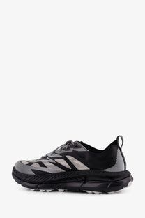 Hoka men’s Mafate Speed Lite TS sneakers in black with gray mesh upper bold geometric patterns and chunky rubber sole