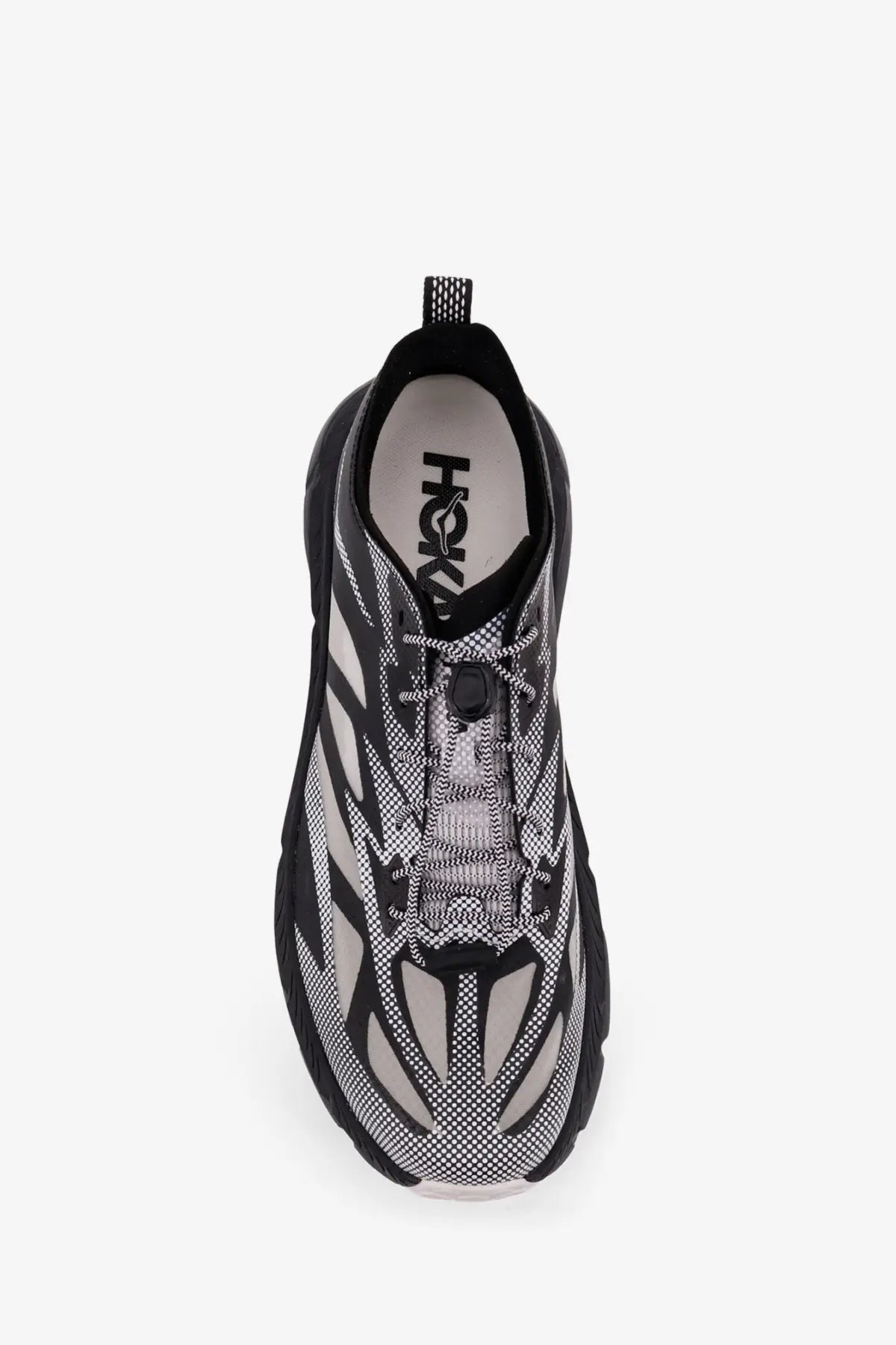 Hoka men’s Mafate Speed Lite TS black and gray running shoe with mesh upper bold geometric patterns and thick sole