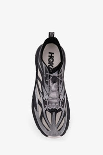 Hoka men’s Mafate Speed Lite TS black and gray running shoe with mesh upper bold geometric patterns and thick sole