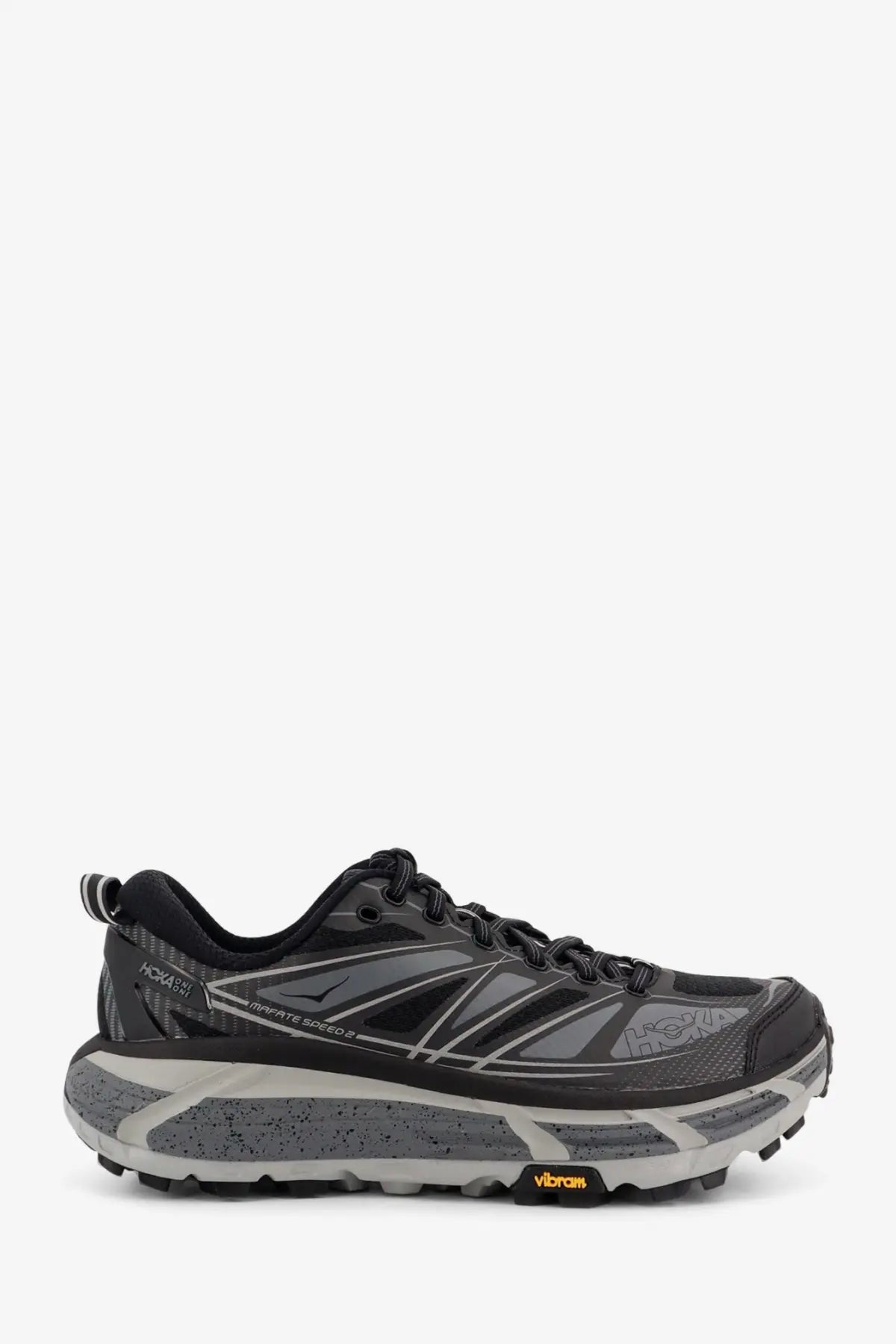 Black and gray Hoka men’s Mafate Speed Mesh and Rubber Sneakers with textured rubber outsole for trail running