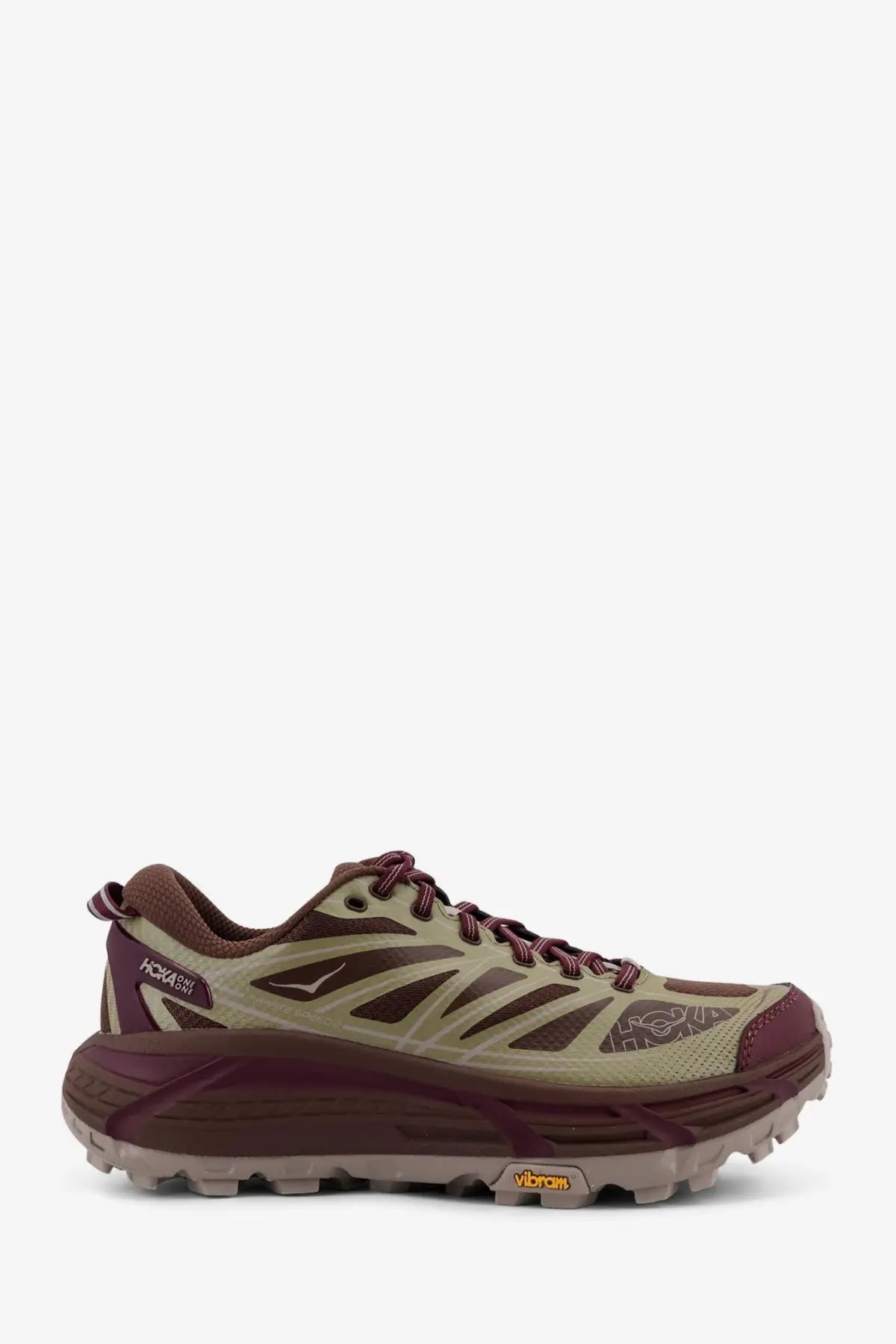 Tan and maroon hoka one one mafate speed mesh trail running shoe with breathable mesh upper and rugged vibram outsole