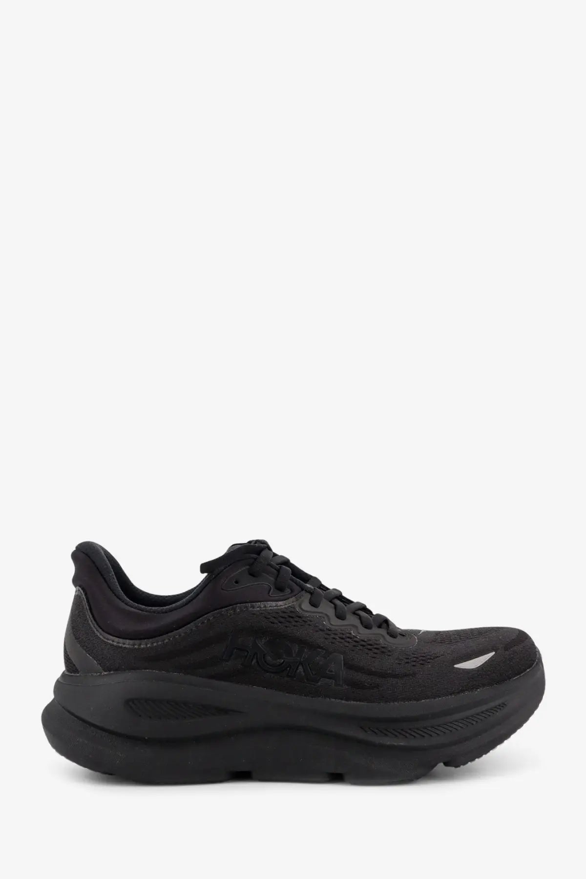 Black hoka one+ men’s nylon bondi sneaker with mesh upper and cushioned sole for running and walking