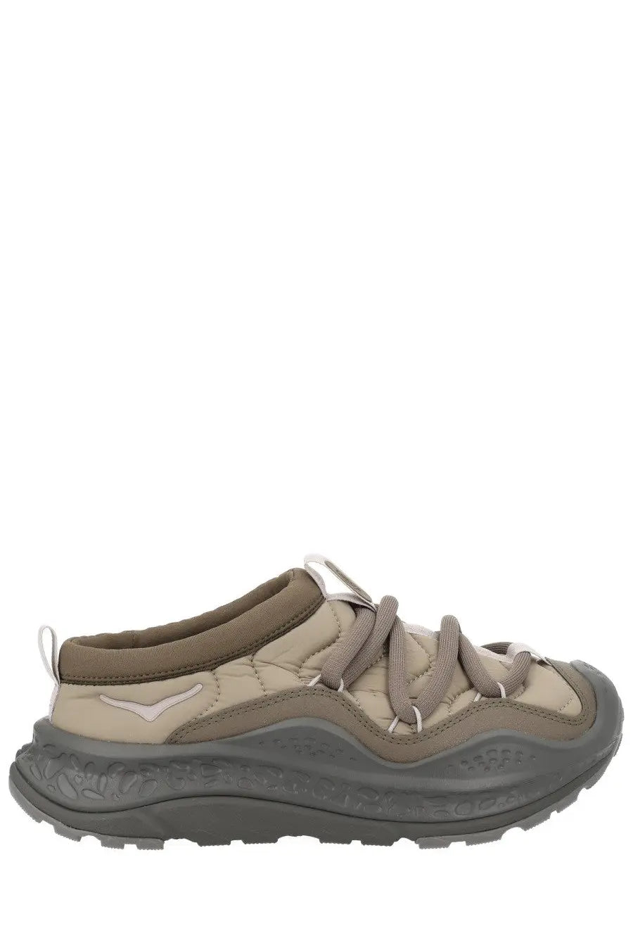 Beige and gray Hoka unisex now first sneaker with quilted upper laces and textured rubber sole in brown color