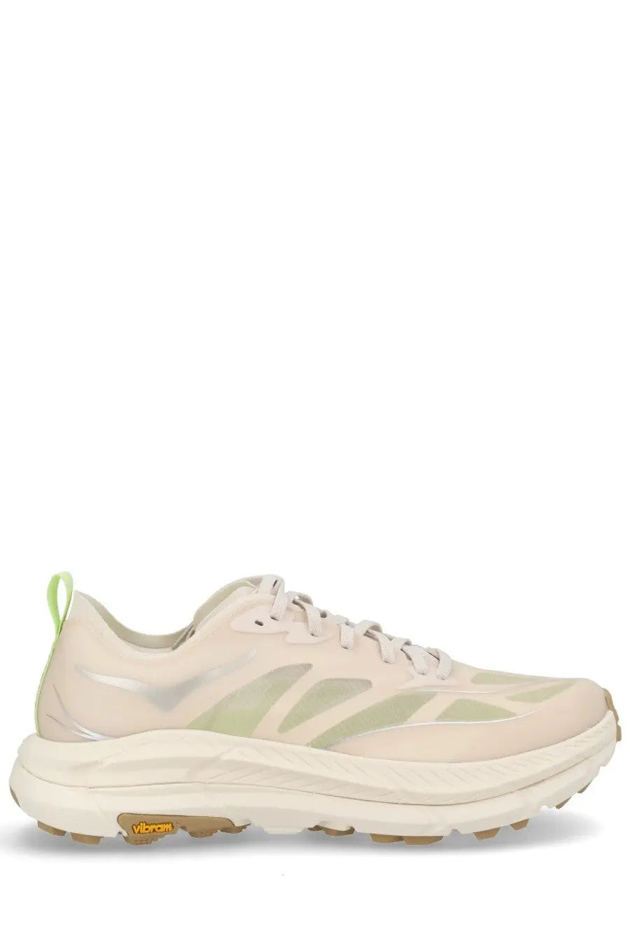 Cream-colored hoka one one unisex mafate speed lite sneaker with translucent green accents and vibram sole