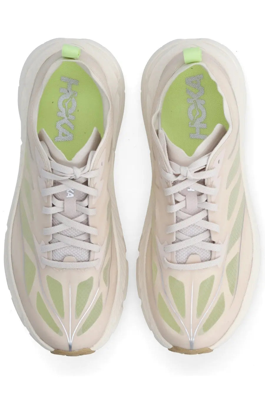 Cream-colored Hoka unisex Mafate Speed Lite sneaker with lime green accents and breathable mesh upper for running