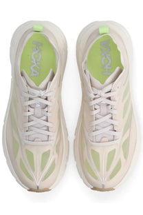 Cream-colored hoka unisex mafate speed lite sneaker with lime green accents and breathable mesh upper for running