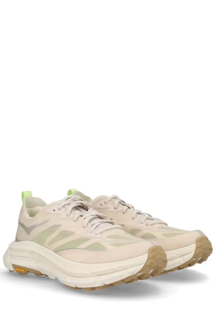 Beige hoka mafate speed lite unisex running shoes with light green accents and chunky cushioned sole