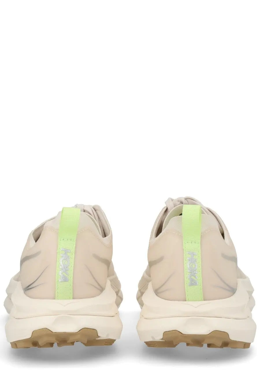 Beige hoka unisex mafate speed lite sneaker with neon green heel tabs and a chunky textured sole shown from the back