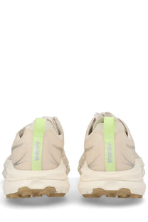 Beige hoka unisex mafate speed lite sneaker with neon green heel tabs and a chunky textured sole shown from the back