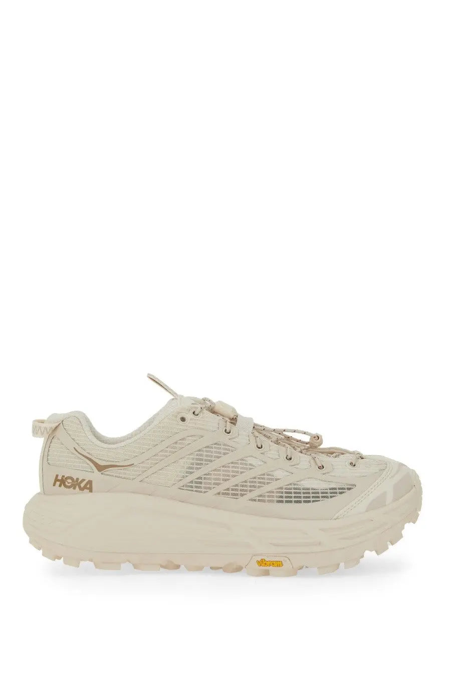 Beige hoka one one unisex mafate three2 running shoe with mesh and synthetic overlays and rugged outsole