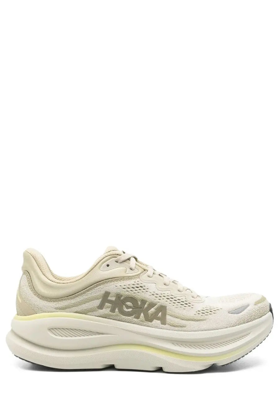 Beige hoka one bondi green unisex sneaker with breathable mesh upper and thick cushioned sole for running