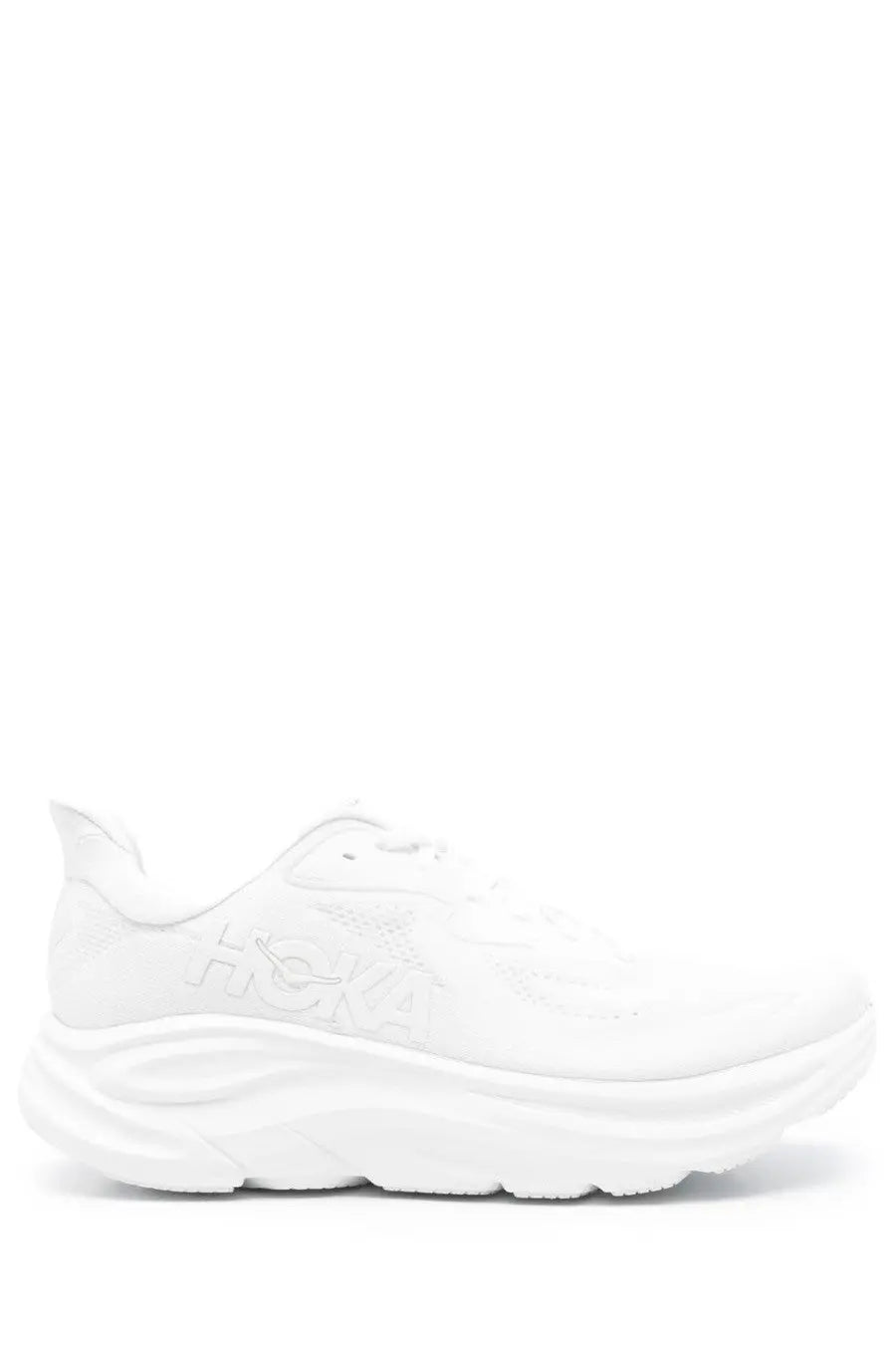 White hoka one+ unisex sneaker clifton with sleek minimalist design and cushioned sole for running