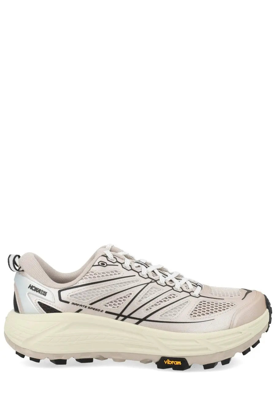 Hoka unisex sneaker mafate beige trail running shoe with off-white and black breathable mesh upper and vibram outsole