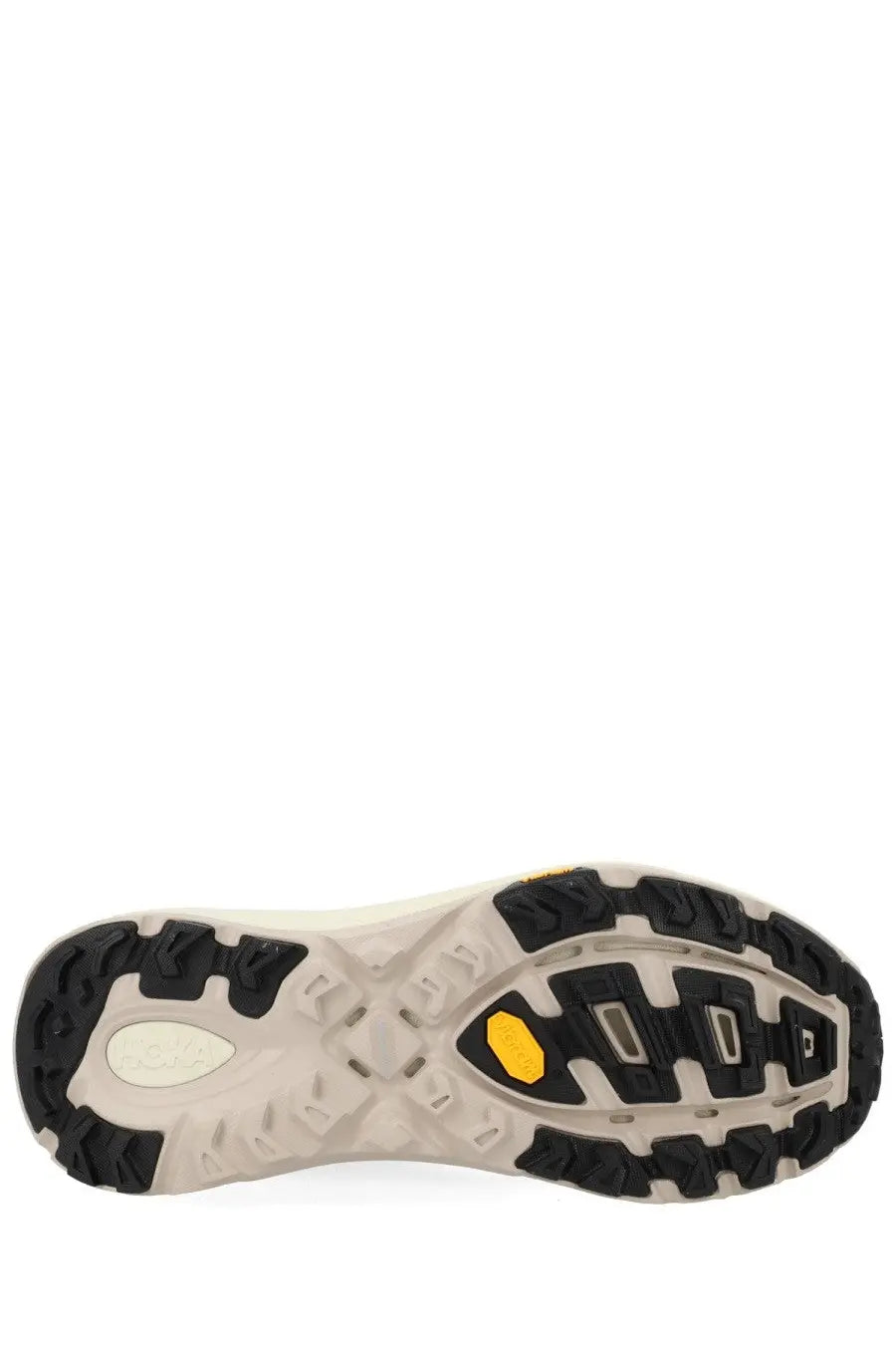 Black and beige sole of Hoka unisex sneaker Mafate beige trail running shoe with yellow hexagonal accent