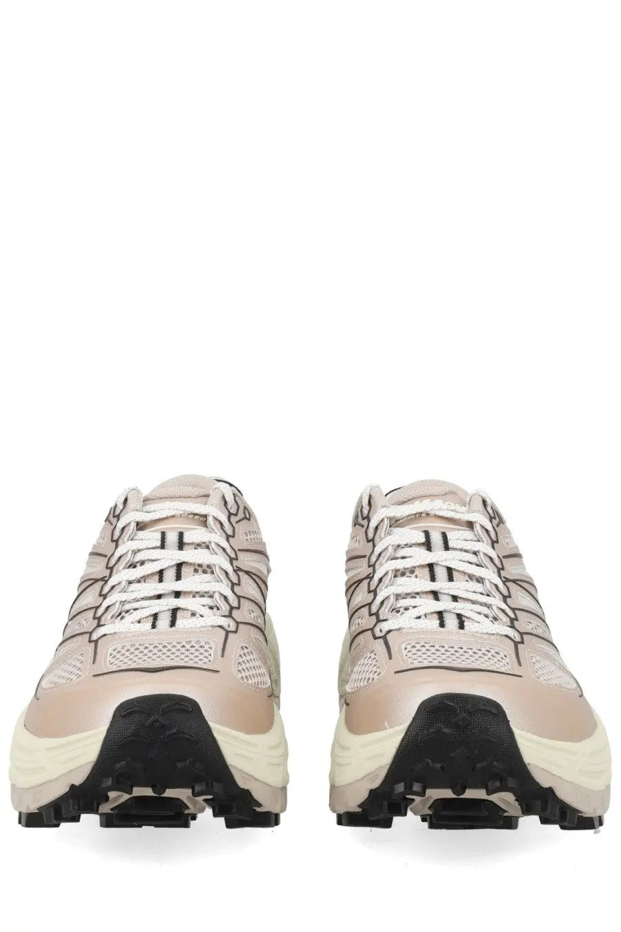 Hoka unisex sneaker mafate beige trail running shoes with beige and black mesh upper white laces and rugged outsole