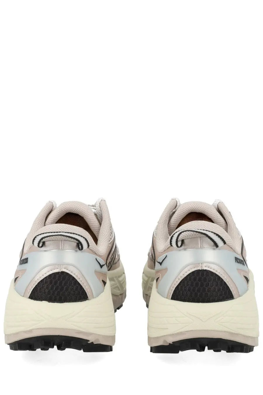 Beige and silver hoka one one unisex sneaker mafate with chunky sole and breathable mesh detailing