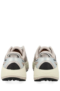 Beige and silver hoka one one unisex sneaker mafate with chunky sole and breathable mesh detailing