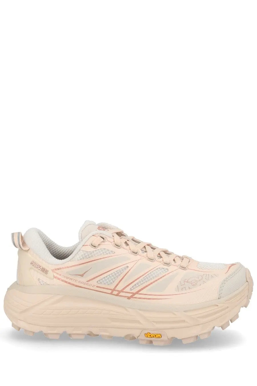Cream-colored Hoka unisex Mafate Speed Pink sneaker with breathable mesh upper and subtle rose gold accents