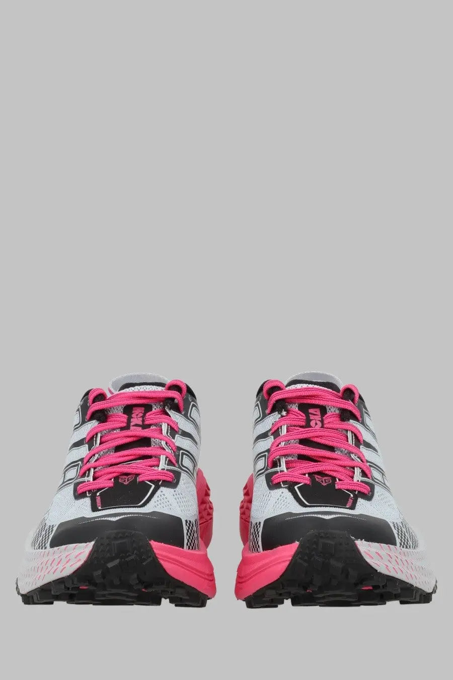 Hoka unisex sneaker Speedgoat in white and pink with black accents featuring breathable mesh upper and rugged outsole