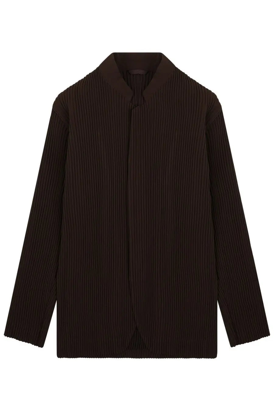 Black pleated knit jacket with mandarin collar and front closure from homme plisse issey miyake men’s collection