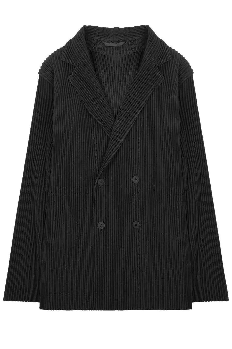Black pleated double-breasted blazer with structured collar and matching buttons by Homme Plisse Issey Miyake