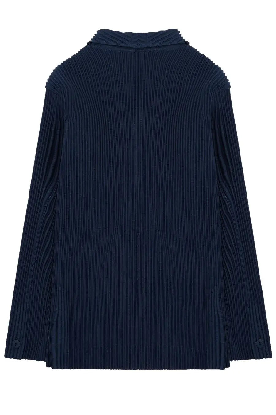 Deep navy pleated blazer homme plisse issey miyake with structured modern silhouette and subtle vertical ridges
