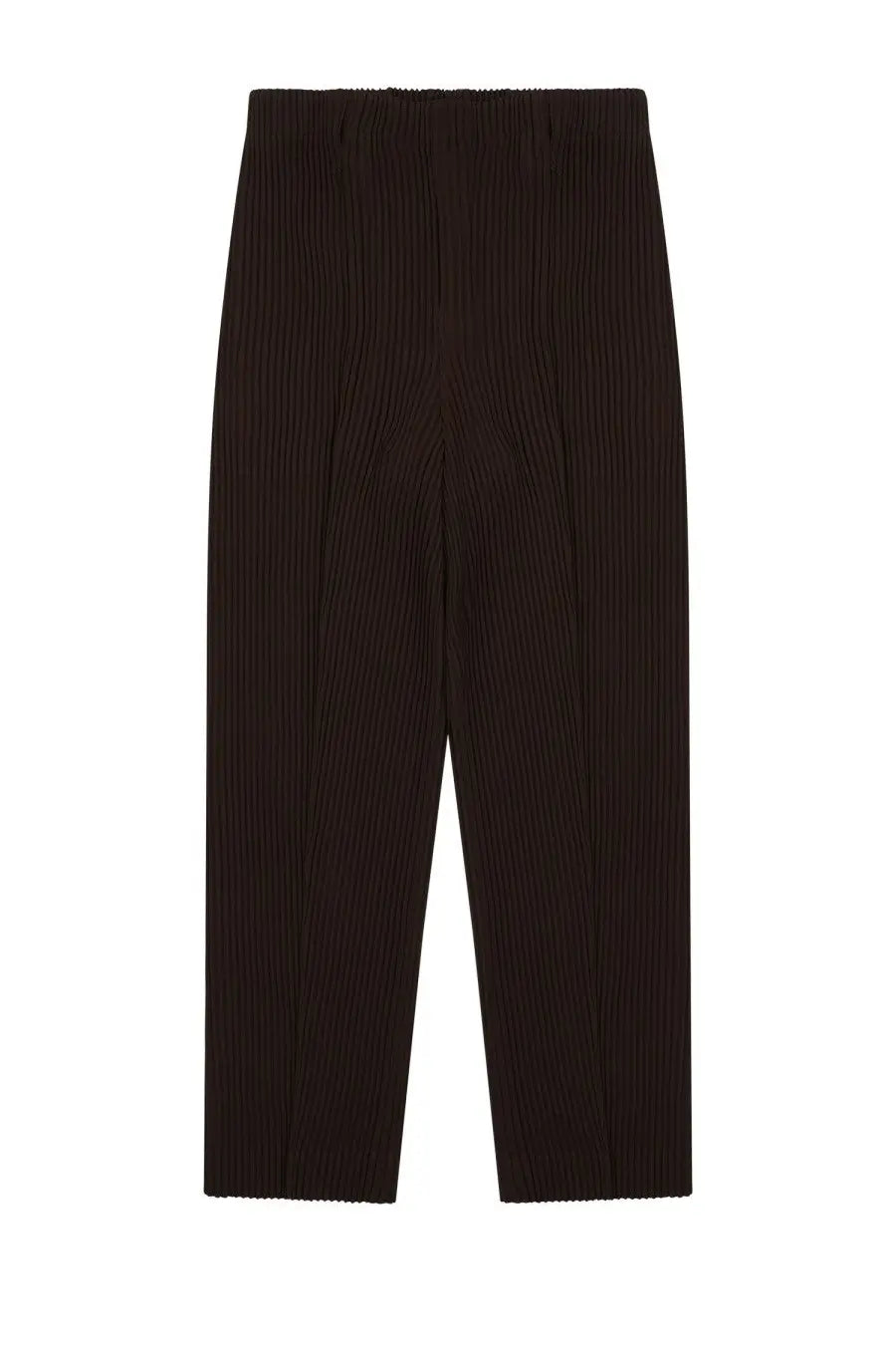 Black pleated Homme Plisse Issey Miyake men’s trousers with structured minimalist design in tuxedo style