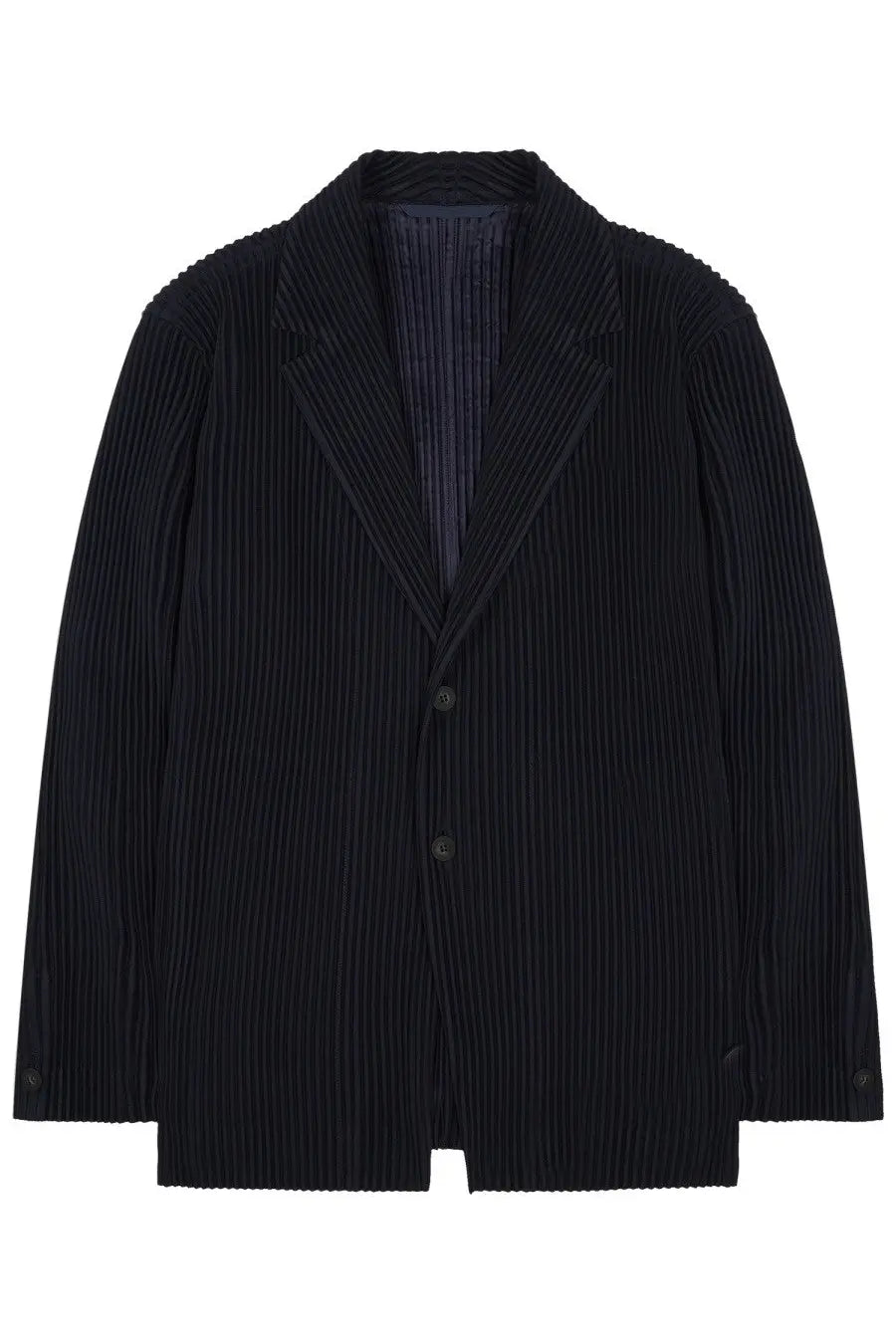 Black pleated Homme Plisse Issey Miyake men’s blazer with structured collar and two front buttons in pleated fabric