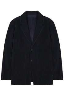 Black pleated Homme Plisse Issey Miyake men’s blazer with structured collar and two front buttons in pleated fabric