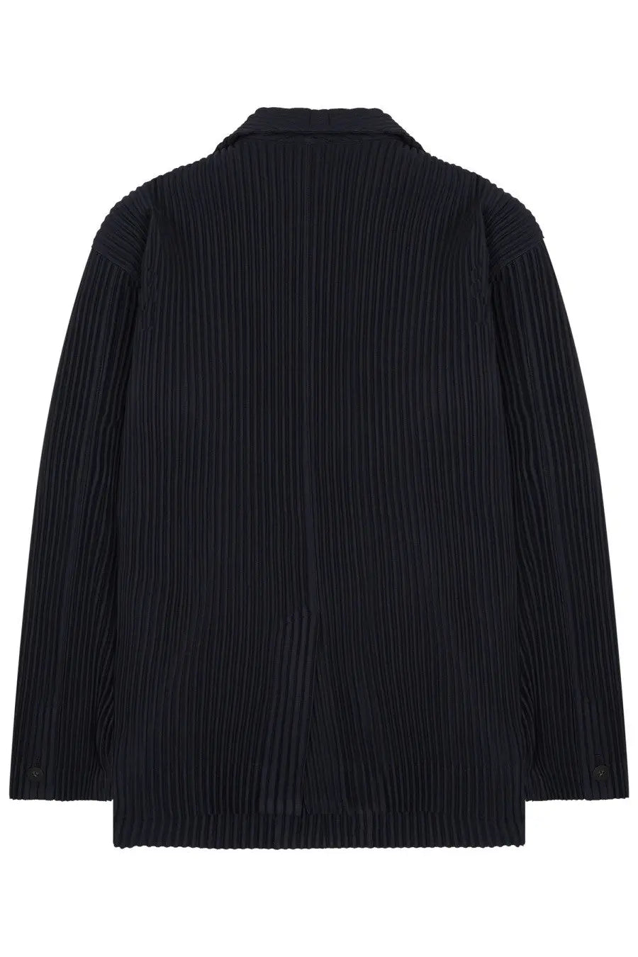 Homme Plisse Issey Miyake men’s black pleated jacket with a structured collar and long sleeves in pleated fabric