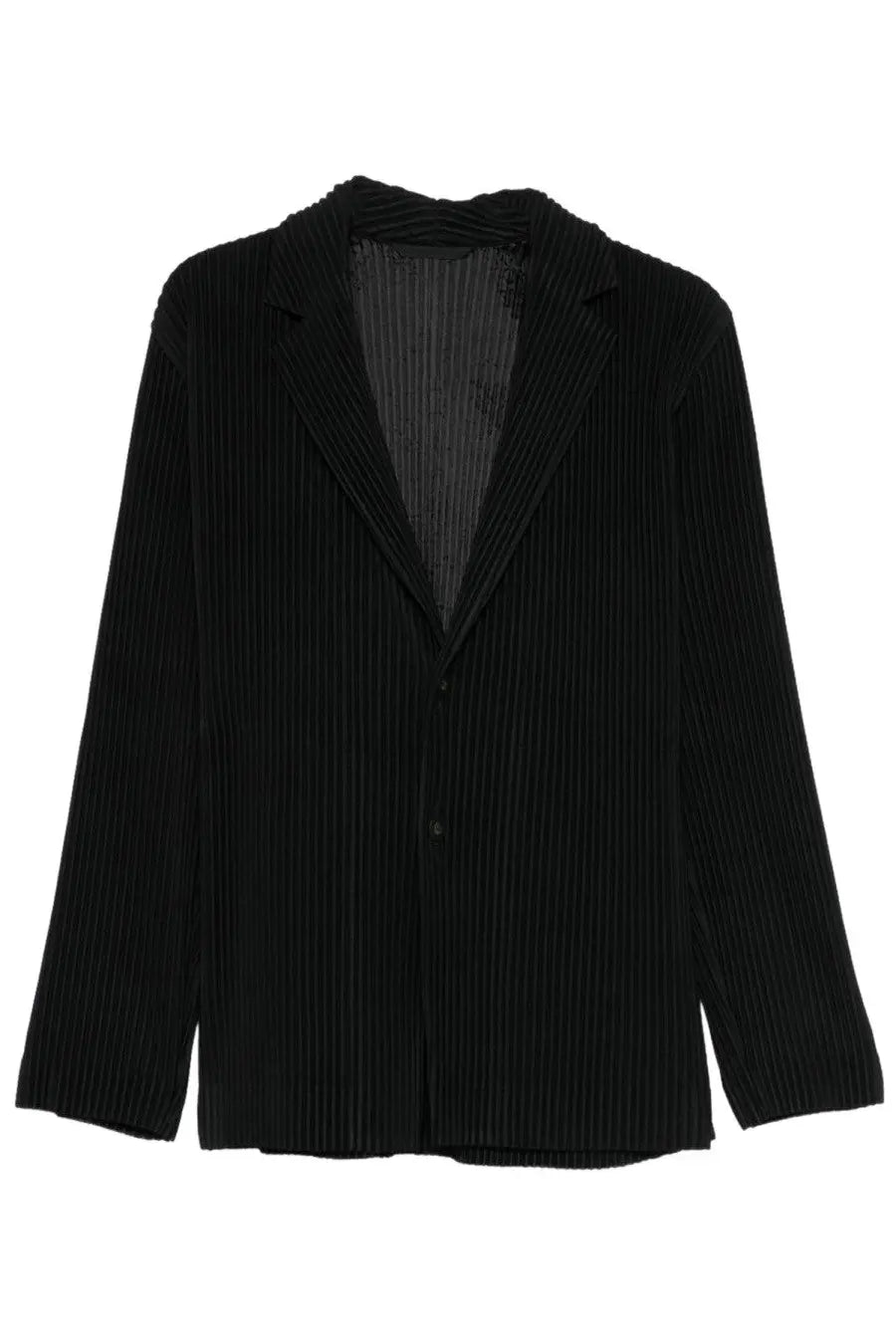 Homme Plisse Issey Miyake men’s black pleated blazer with structured collar and button closure in lightweight fabric